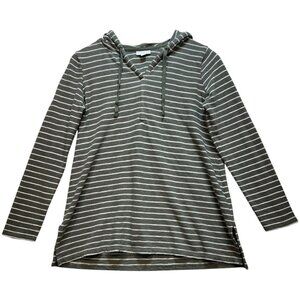 J.Jill Women's Terry Knit Tunic Hoodie Long Sleeve Size XS Green White Stripe